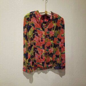 W118 by Walter Baker Women's Medium Red Floral Long Sleeve Shirt Hidden Button